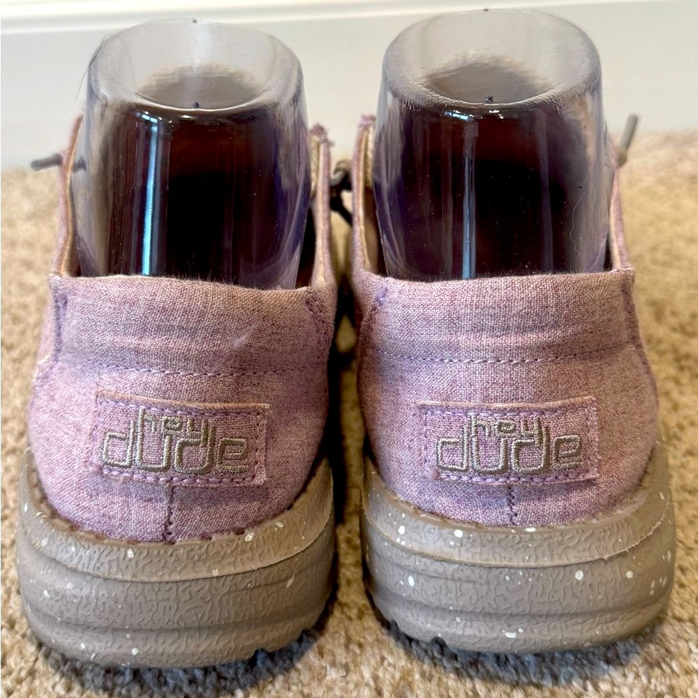 Like New Hey Dude Mauve Wendy Stretch Canvas Shoes w/ Polka-Dot Tan Sole - Picture 7 of 14